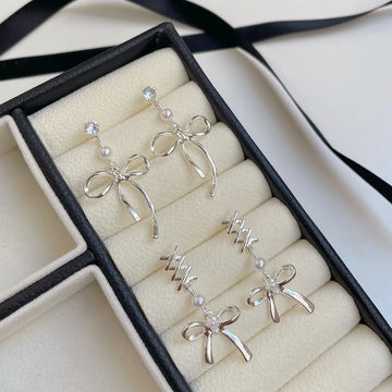 DAIIIBABYYY  -   Korean Fashion Ballet Ribbon Bow-knot Drop Earrings Women INS Silver Plated Pearl Rhinestone Bow Tassel Earring Jewelry